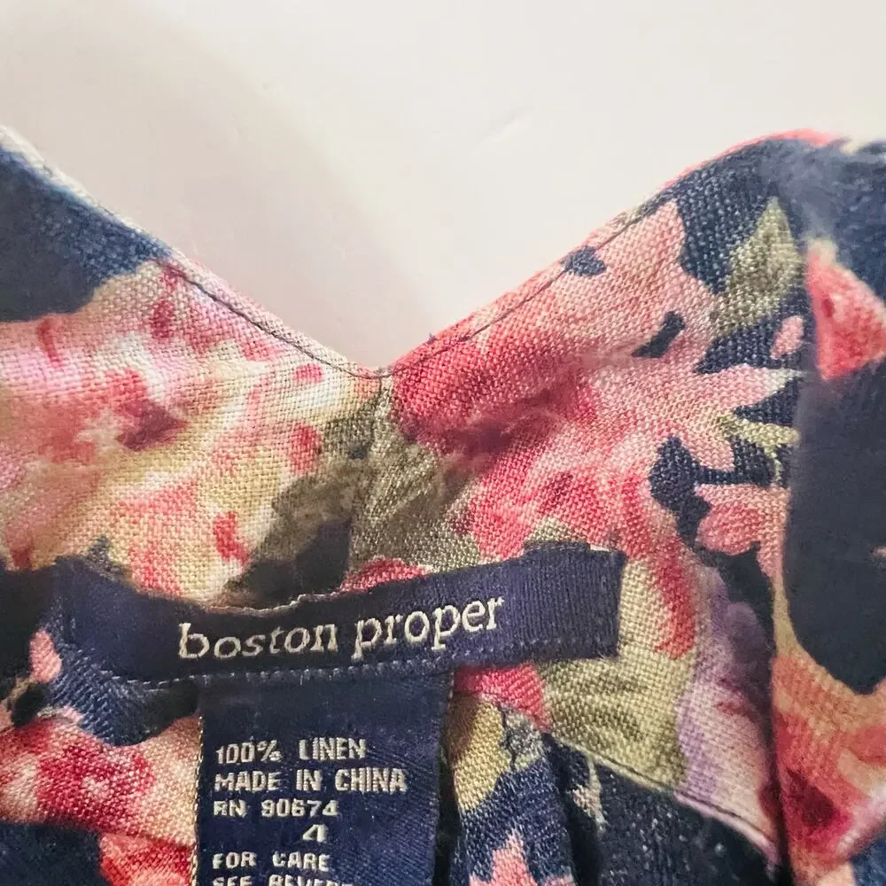 Boston Proper Linen Floral V Neck Dress Size 4 - Picture 3 of 7